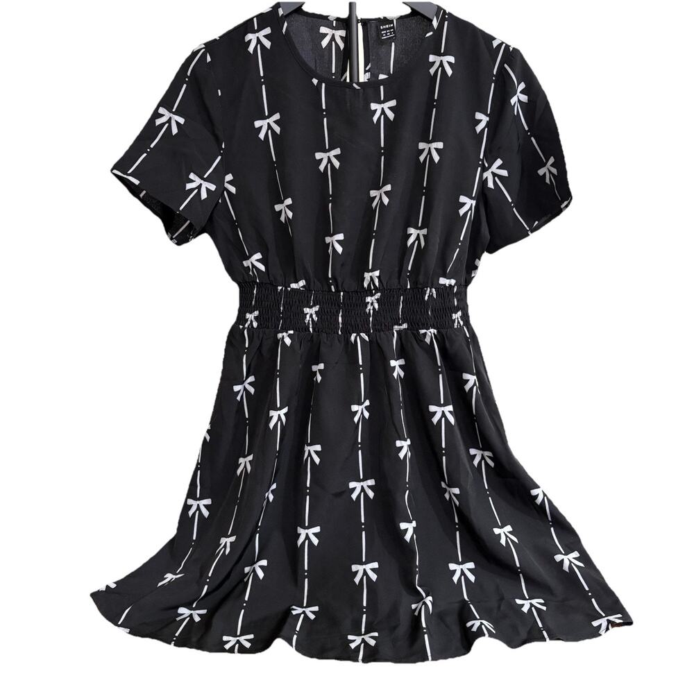 SHEIN Black & White Ribbon Print Short Sleeve Dress Medium EUC
